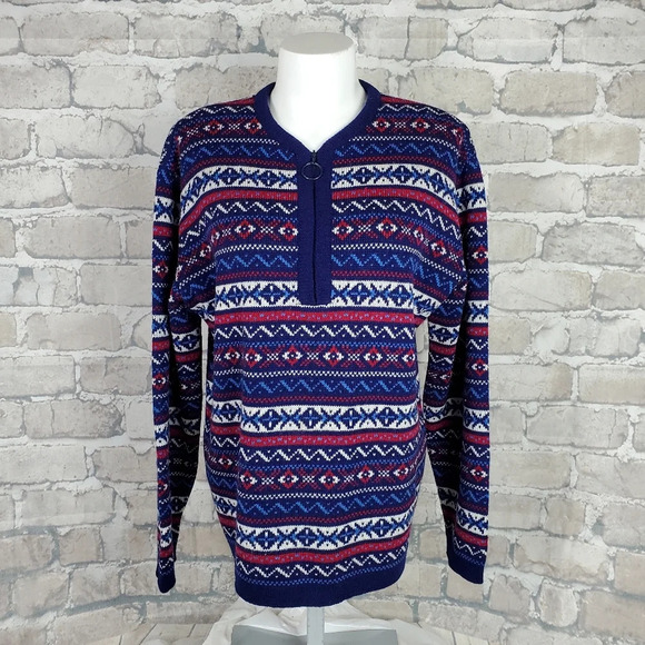 Vintage  Wool Apres Ski Sweater 1/2 Zip Blue Red Fairisle Measures M/L - Picture 1 of 13